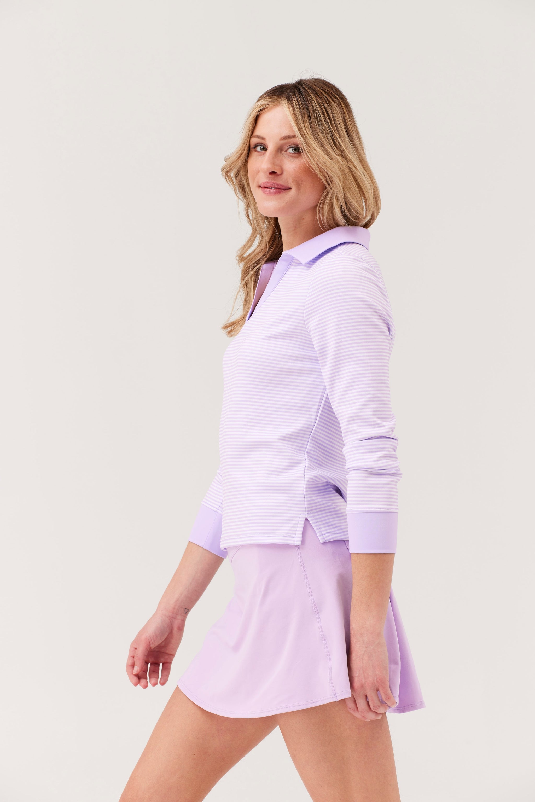 All Day Long Sleeve Polo - Lilac Mini Stripes