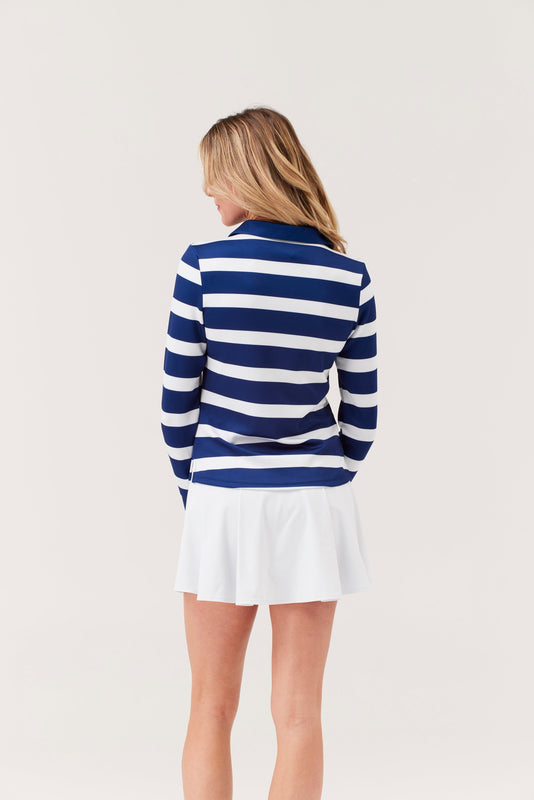All Day Long Sleeve Polo - Navy Stripes
